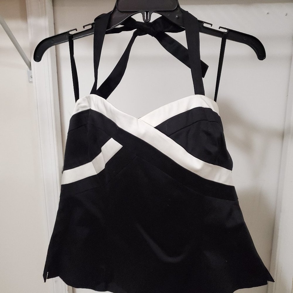 Structured black and white tie halter top